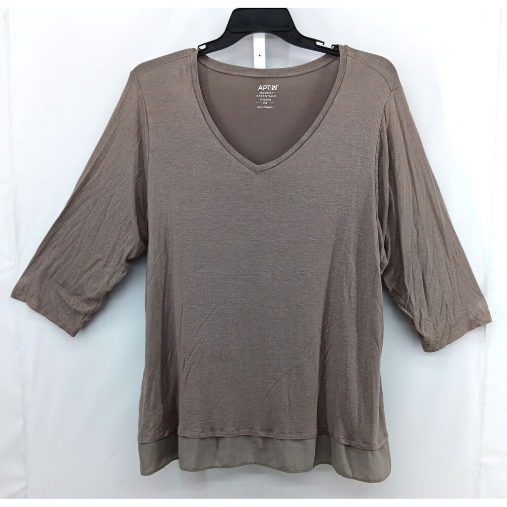 Apt 9 Shirt Women Plus Size 2X Brown Silver Metallic Thread 3/4 Sleeve V Neck
